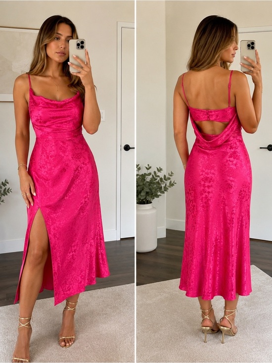 Lulus Dresses & Skirts - Stunning Formal Radiance Hot Pink Satin Jacquard Cowl Midi Dress, NWT, Size XS